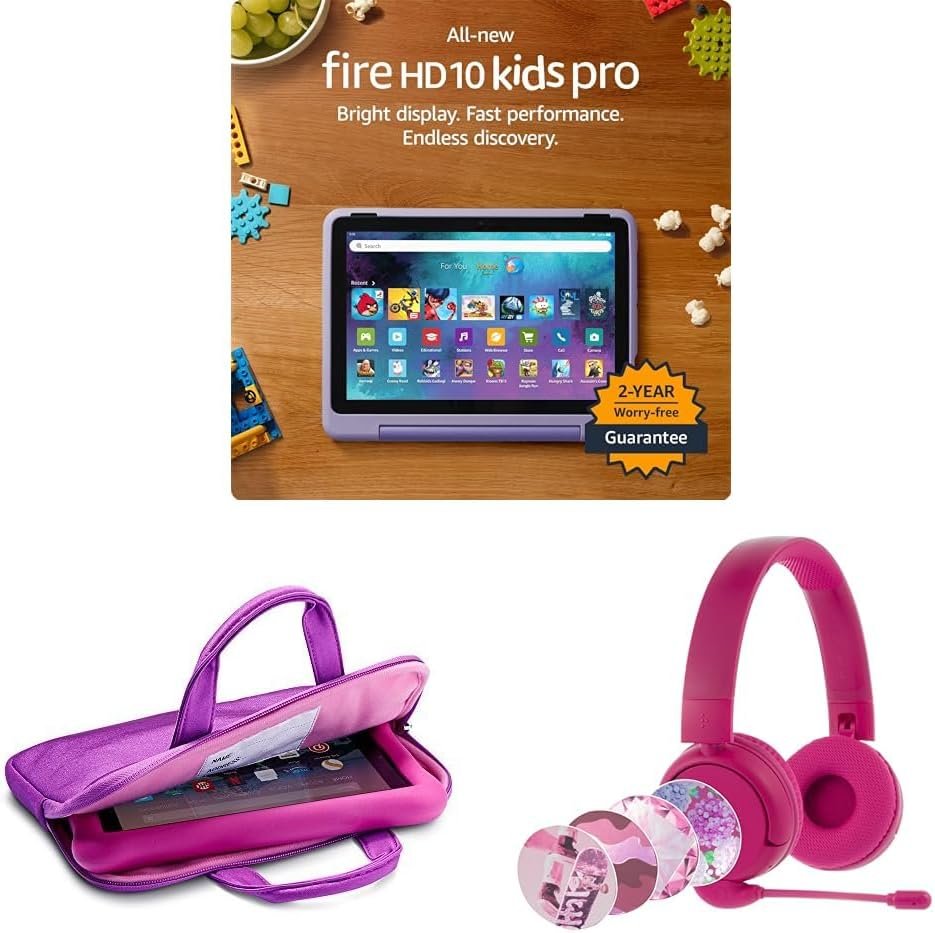 Fire HD 10 Kids Pro Tablet (32GB, Happy Day) Travel Bundle with Sleeve and Headset