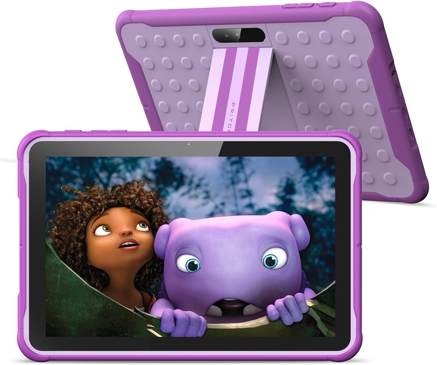PRITOM Android 10 inch Kids Tablet, Parental Control, 6000mAh, 3G Phone Tablet, Quad Core Processor, 2GB RAM, 64GB ROM, HD IPS Touch Screen, Google Play, YouTube, Kids-Tablet Case (Purple)