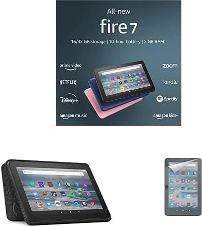 Fire 7 tablet (16 GB, Black, Ad-Supported) + Amazon Standing Case (Black) + Screen Protector (2-Pack)