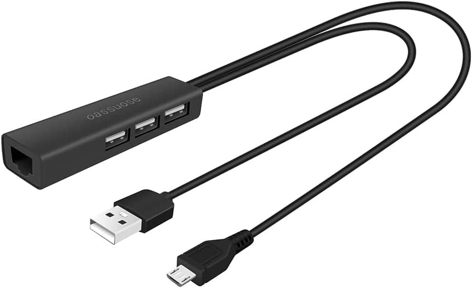 4 in 1 Ethernet Adapter and 3 Ports USB OTG Hub for Fire TV Stick 4K/Chromecast/Google Home Mini/Raspberry Pi Zero and Other Streaming TV Sticks,Micro USB OTG Cable HUB with Powered Network Adapter