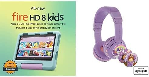 All-new Fire HD 8 Kids Tablet Bundle. Includes Fire HD 8 Kids Tablet |Disney Princess & Made For Amazon PlayTime Volume Limiting Bluetooth Kids Headphones Age (3-7)|Purple