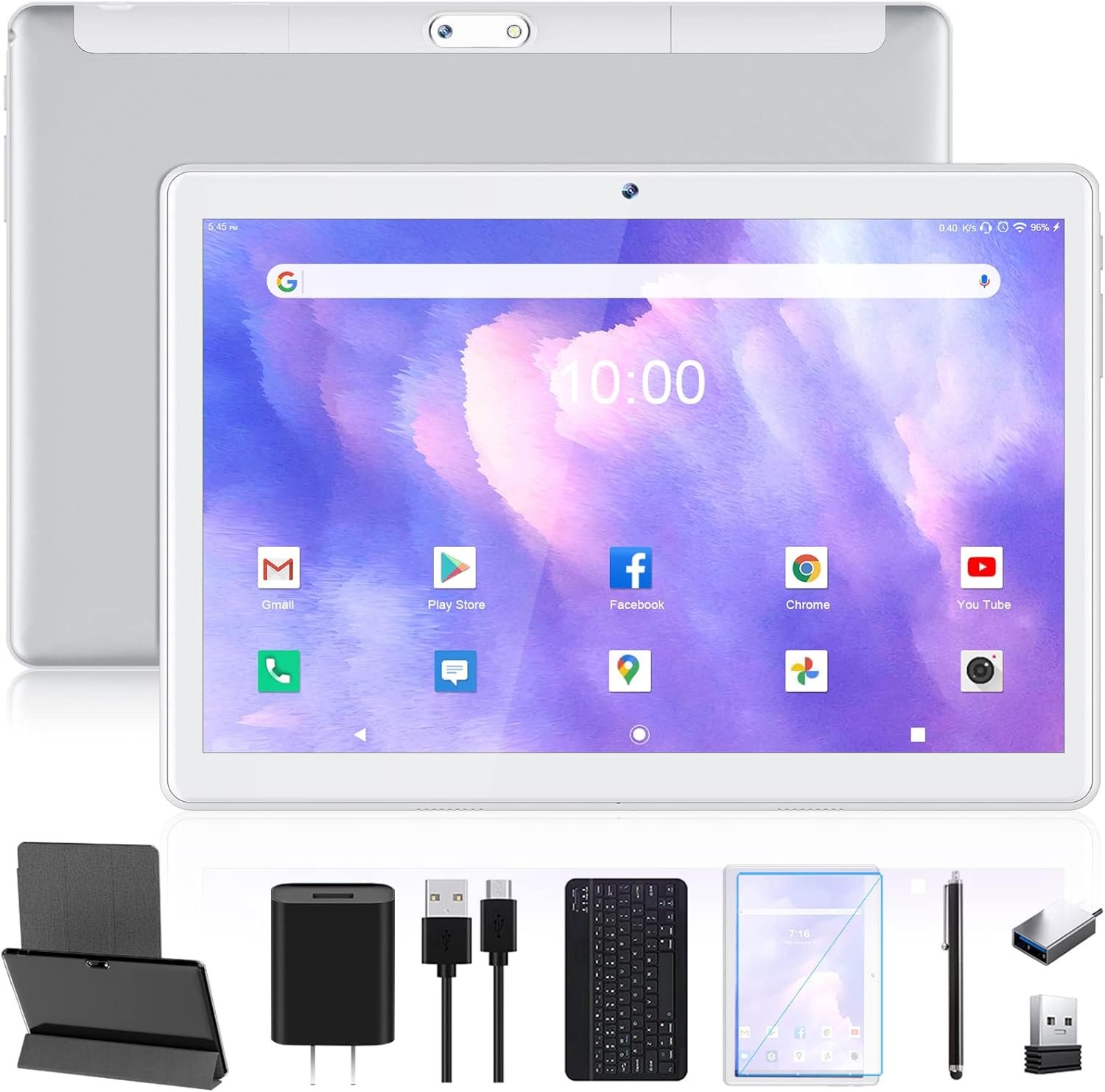 2024 Newest 10.1 Inch Android Tablet With Keyboard - 5G WIFI Tablets Ultra-Portable- RAM 4GB | ROM 64GB 128GB Expandable -6000mAh | Dual Camera | Bluetooth 5.0| 1080FHD | GPS | Mouse/Stylus-Silver