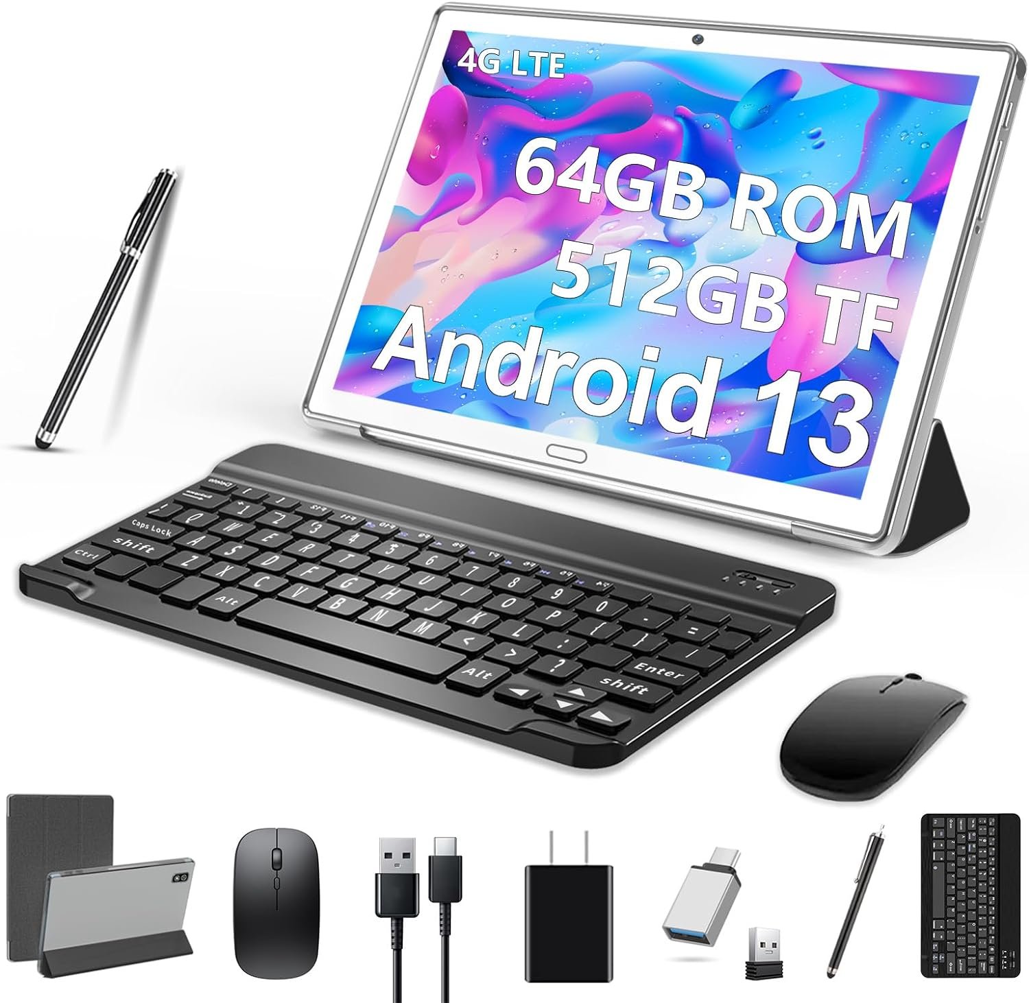 2023 Newest 10 Inch Tablet,2 in 1 Tablet with Keyboard Mouse, Android Tablet 4G Cellular with 2 SIM 1 SD-64GB ROM SD Max 512GB,Octa-Core,1080 FHD,13MP,GMS-Zertifizierung,GPS/ WIFI/ Bluetooth(Silvery)