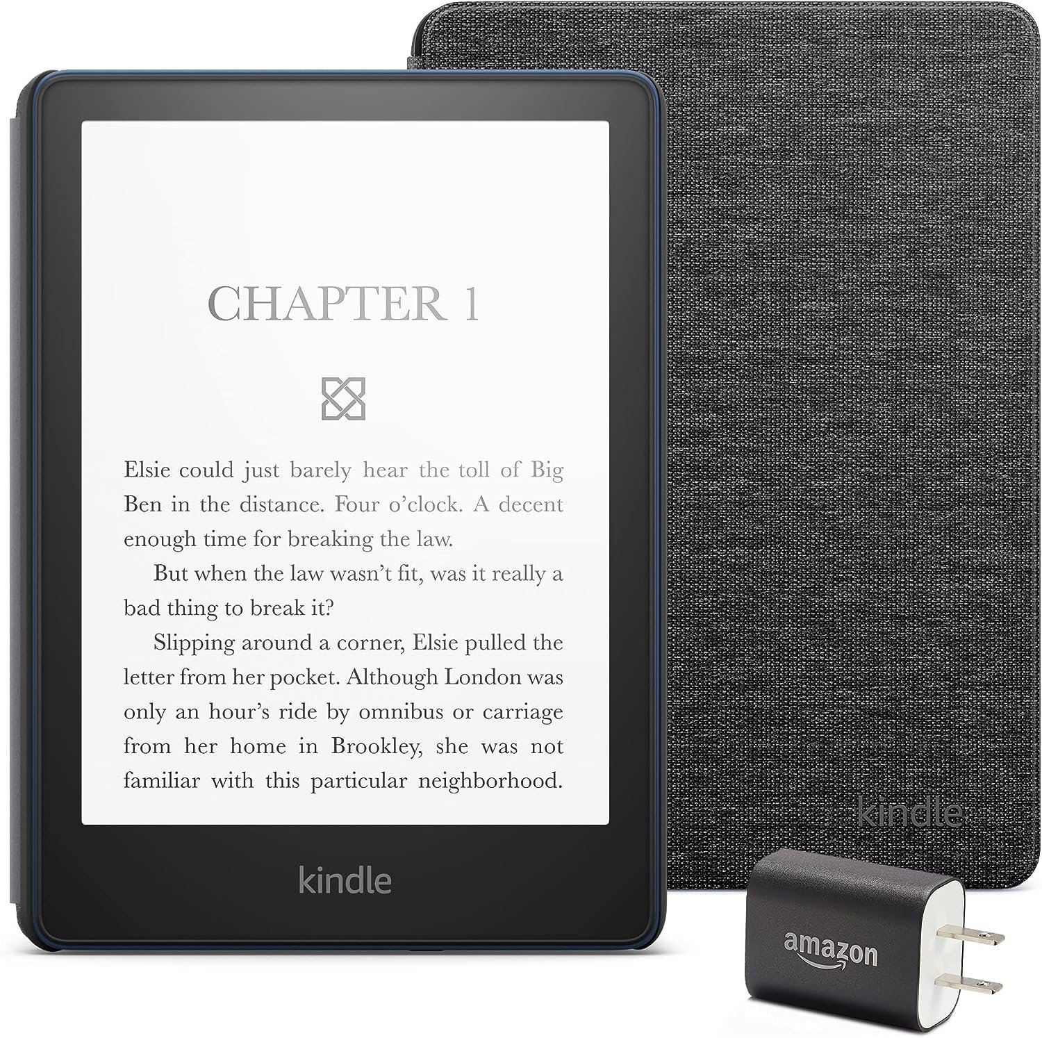 Kindle Paperwhite Essentials Bundle including Kindle Paperwhite (16 GB) - Denim, Fabric Cover - Black, and Power Adapter