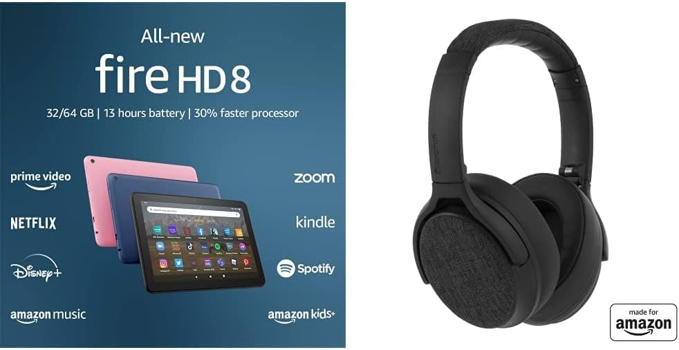 Tablet Bundle: Includes All-new Amazon Fire HD 8 tablet, 8” HD Display, 32 GB (Black) & Made for Amazon Active Noise Cancelling Bluetooth Headphones (Black)