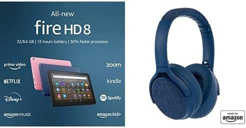 Tablet Bundle: Includes All-new Amazon Fire HD 8 tablet, 8” HD Display, 64 GB (Denim) & Made for Amazon Active Noise Cancelling Bluetooth Headphones (Blue)