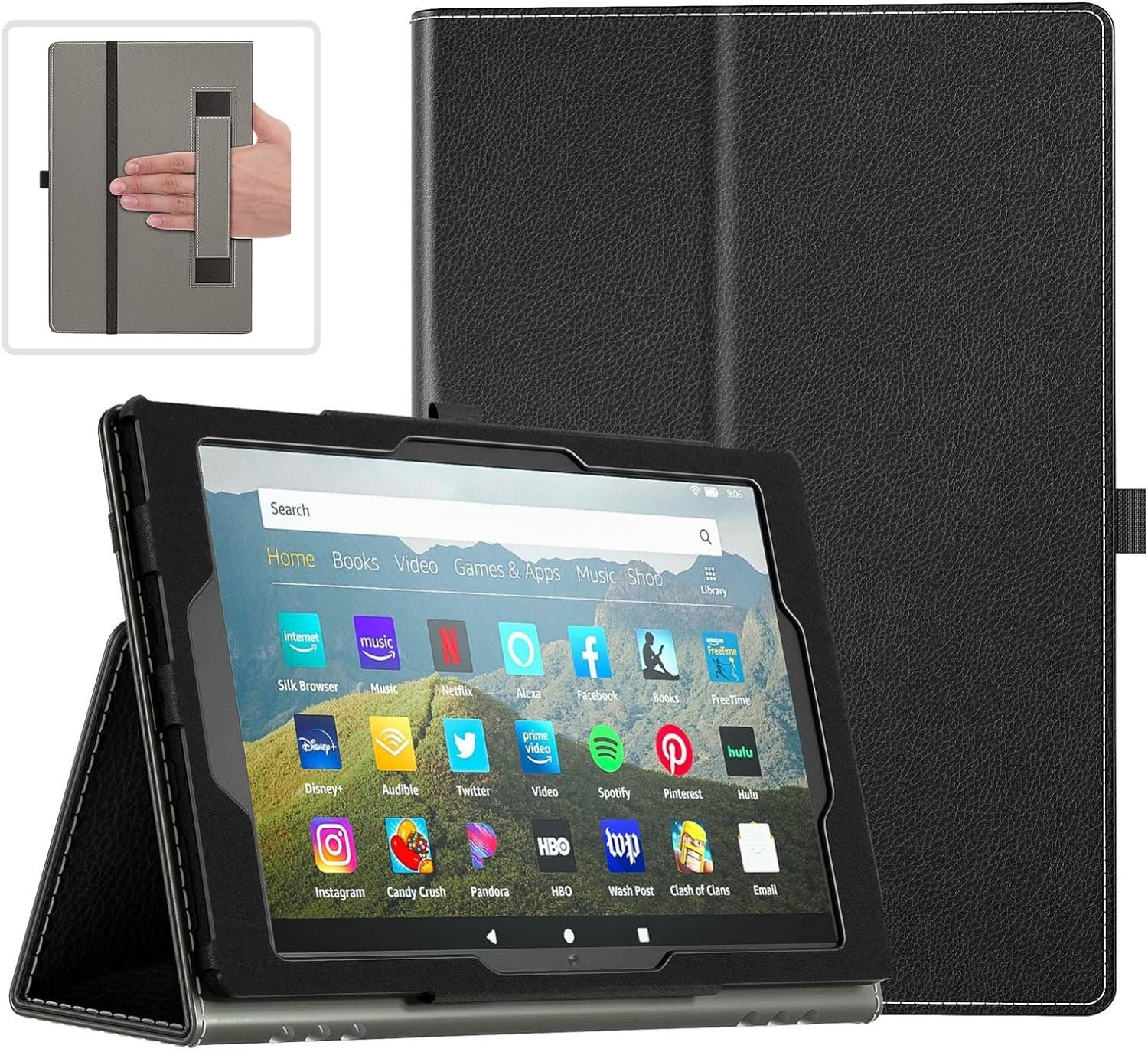 COOWPS Case for Amazon Kindle Fire HD 8 Tablet 8"(12th/10th Generation, 2022/2020 Release) & HD 8 Plus Tablet - Slim Folding Stand Cover with Auto Wake/Sleep and Hand Strap, Black