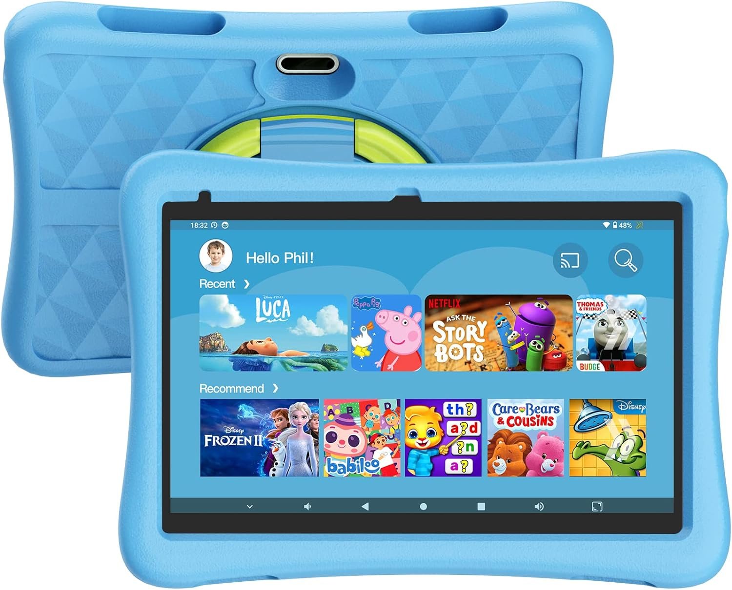 Kids Tablet, 10 inch HD Android 12 Toddler Tablets, Quad Core 1.8Ghz, 2GB DDR4, 7000mAh Battery, Dual Box Speakers, Parental Controls Games Learning Apps, EVA Shockproof Case (Blue)