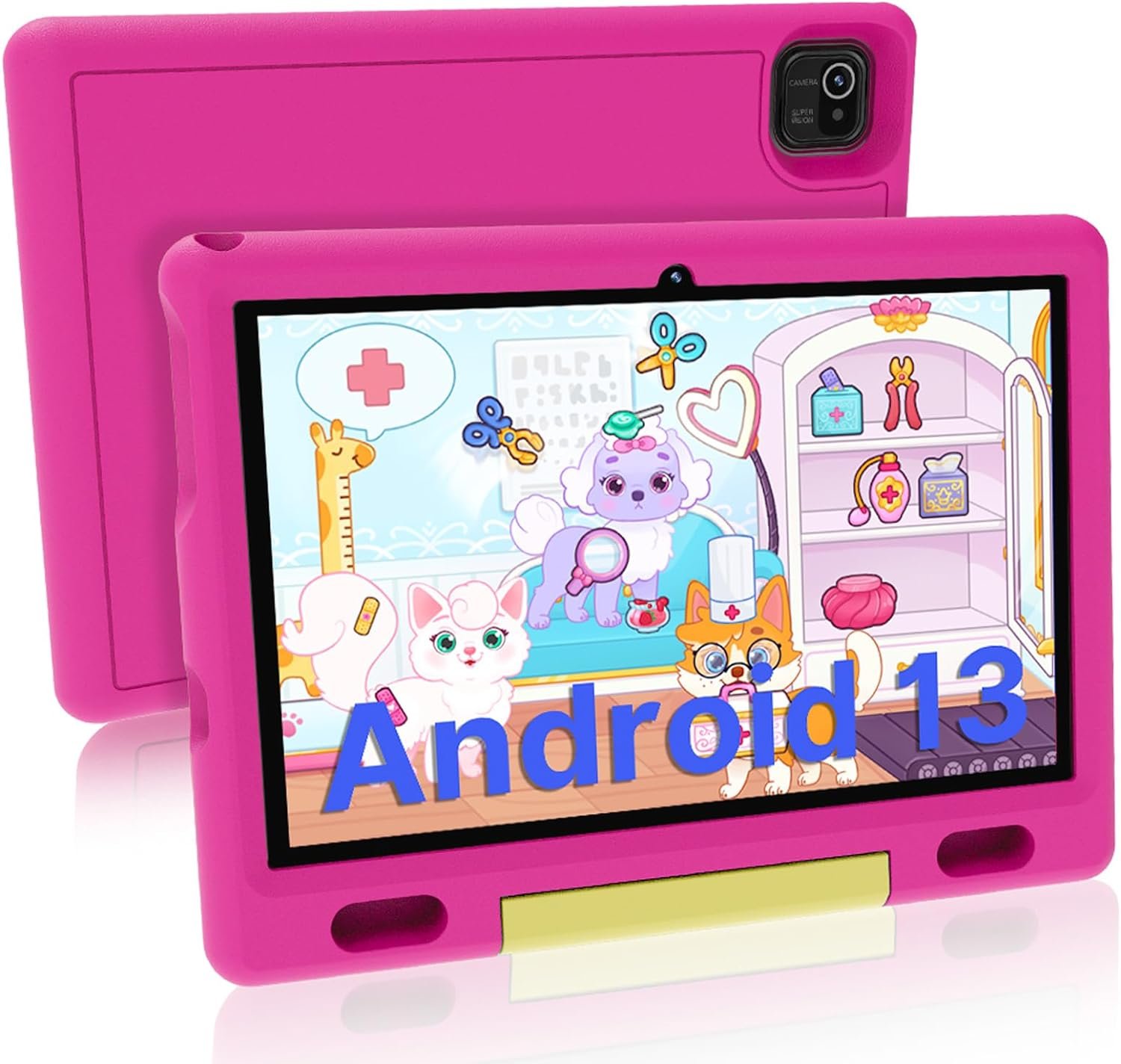 ApoloSign Kids Tablet, 10.1 Inch Android 13 Tablet for Kids, 32GB ROM with HD Screen, Bluetooth, 5000mAh Battery, Parental Control APP, Educational Games, and Shockproof Case(Pink)