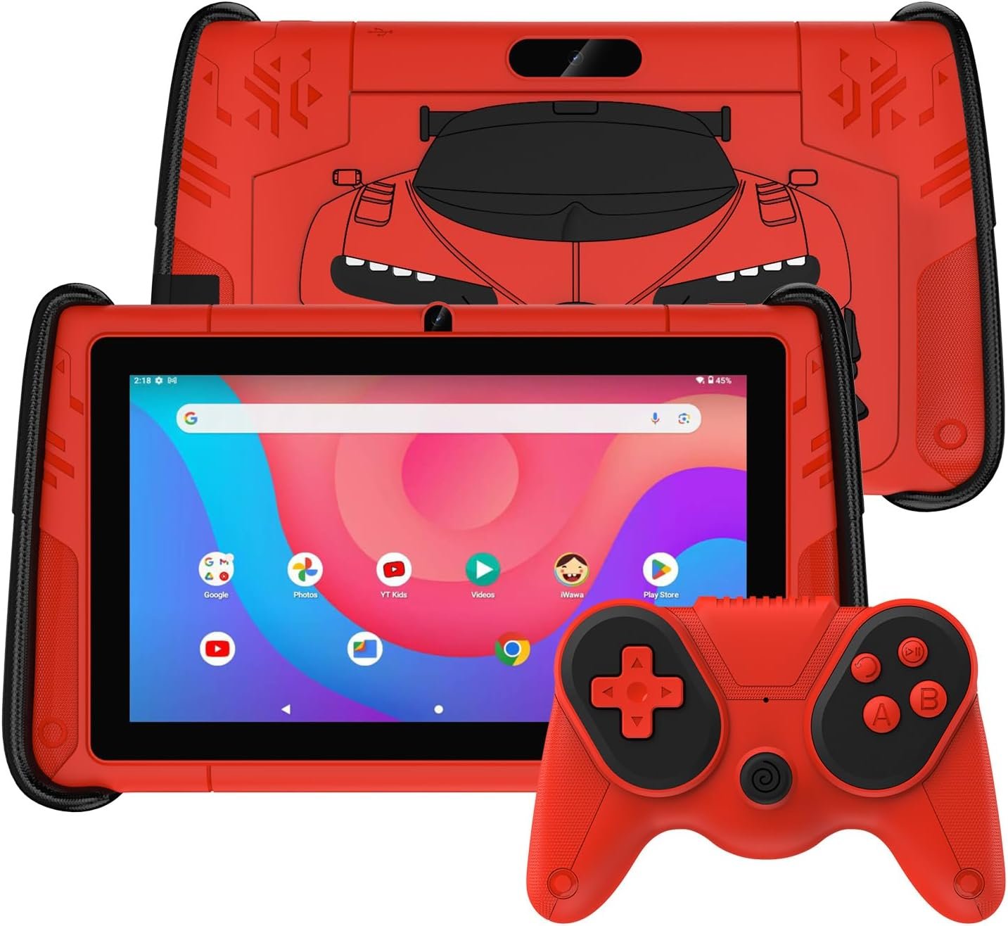 7 Inch Kids Tablet, Android 12 Tablet for Children with Game Controllers, 4GB RAM+64GB ROM(Expandable 512GB), Parental Control, Pre-Installed Kids Software, Shockproof Case(Red)