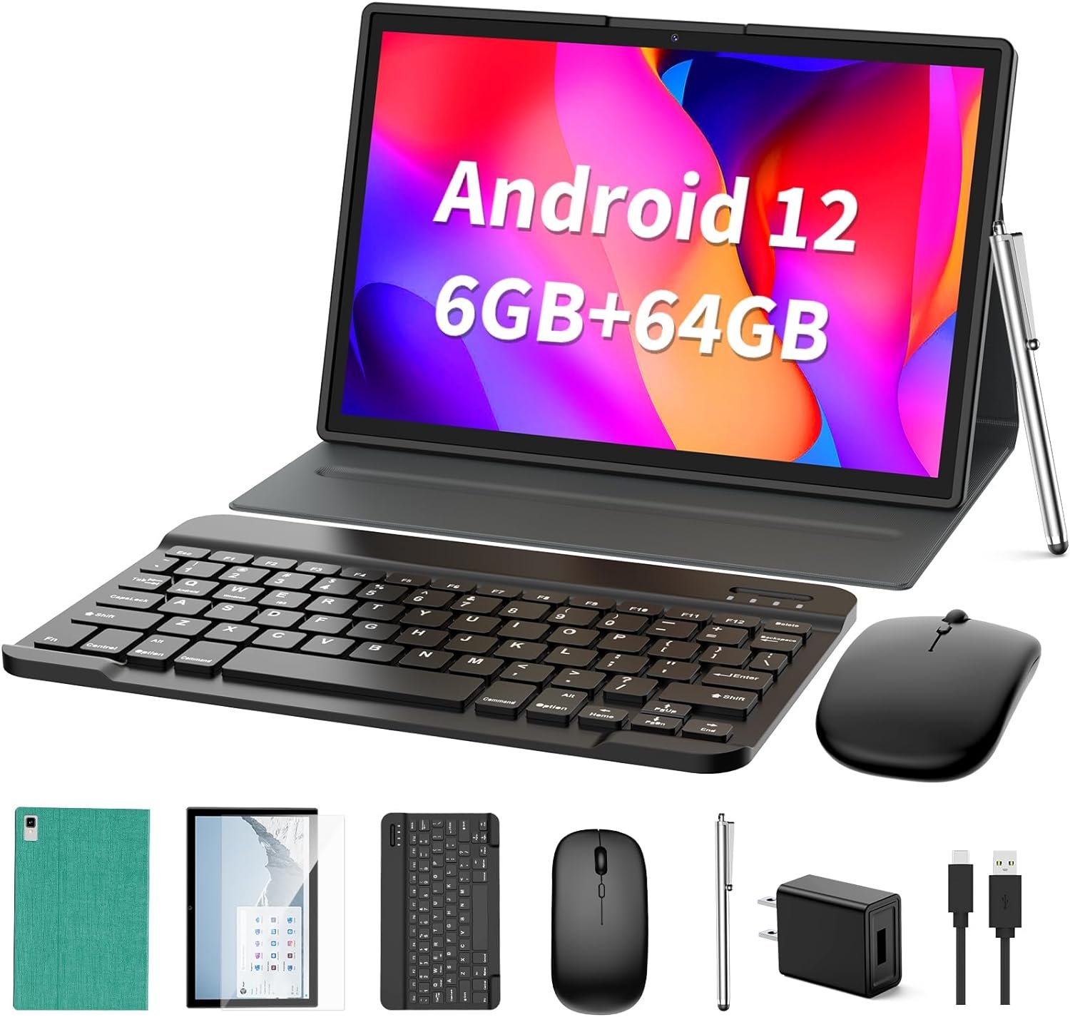 Android Tablet 2 in 1 Tablet, 10 inch Android 12 Tablet 6GB+64GB with Keyboard, Tablets with Case Mouse Stylus,512GB Expandable Dual Camera, WiFi, Bluetooth, GMS Certified Tablet PC(Green)