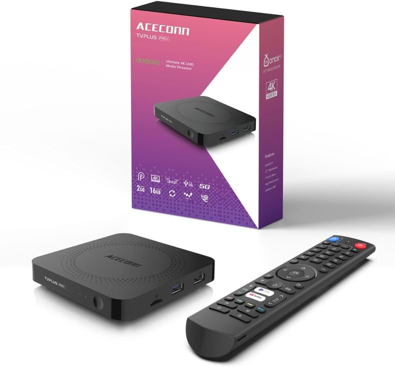 Aceconn TV Plus PRO+ 4K UHD Smart TV Box IR Remote and Stalker Player & M3U Player & Recoding Capability with Dual Band 5G WiFi