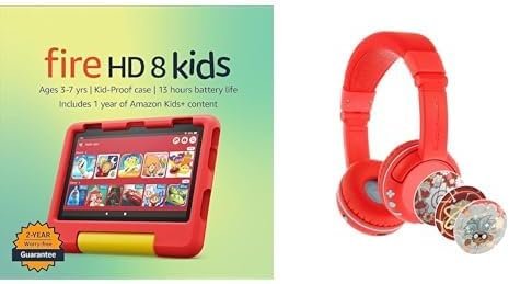 Kids Tablet Bundle: Includes Amazon Fire HD 8 Kids tablet | 32 GB | Disney Mickey Mouse & Made for Amazon Bluetooth Kids Headphones Age (3-7)