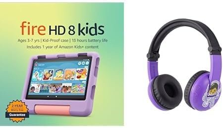 Kids Tablet Bundle: Includes Amazon Fire HD 8 Kids tablet | 64 GB | Purple & Made for Amazon, Kids Bluetooth Headset Ages (3-7) | Purple