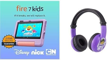 Kids Tablet Bundle: Includes Amazon Fire 7 Kids Tablet (2022 Release) | 16 GB | Blue & Made for Amazon, Kids Bluetooth Headset Ages (3-7) | Purple