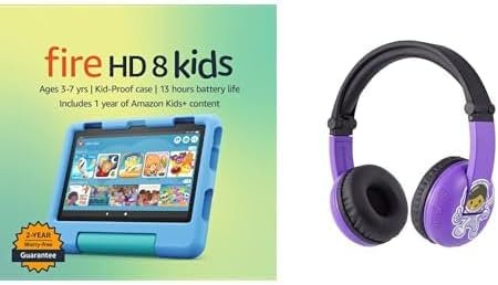 Kids Tablet Bundle: Includes Amazon Fire HD 8 Kids tablet, 8" | 64 GB | Blue & Made for Amazon, Kids Bluetooth Headset Ages (3-7) | Purple