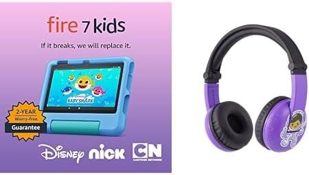 Kids Tablet Bundle: Includes Amazon Fire 7 Kids Tablet (2022 Release) | 16 GB | Blue & Made for Amazon, Kids Bluetooth Headset Ages (3-7) | Purple