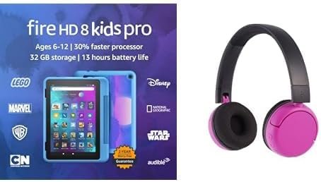 Kids Tablet Bundle: Includes Amazon Fire HD 8 Kids Pro tablet, 8" (2022 Release) | 32 GB | Cyber Blue & Made for Amazon, Kids Bluetooth Headphones, Ages (8-15) | Pink