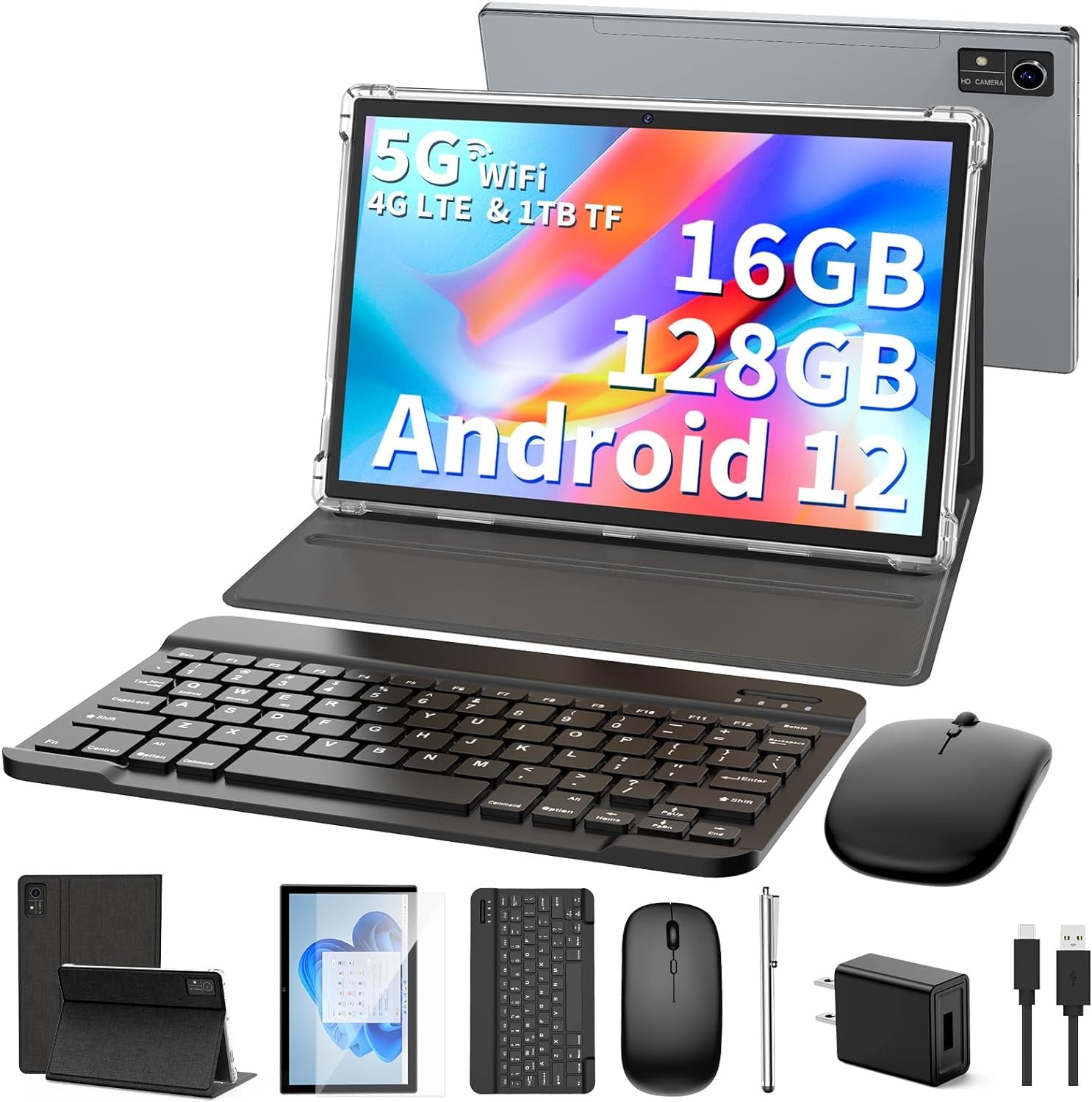 Android Tablet 10 inch, 16GB+128GB, 1TB Expand, 2 in 1 Android 12 Tablet with Octa-Core, Sim Card Slot, 5G WiFi, BT5.0, 8000mAh, 4G Cellular Tablet with Keyboard, Mouse, Case, Stylus(Black)