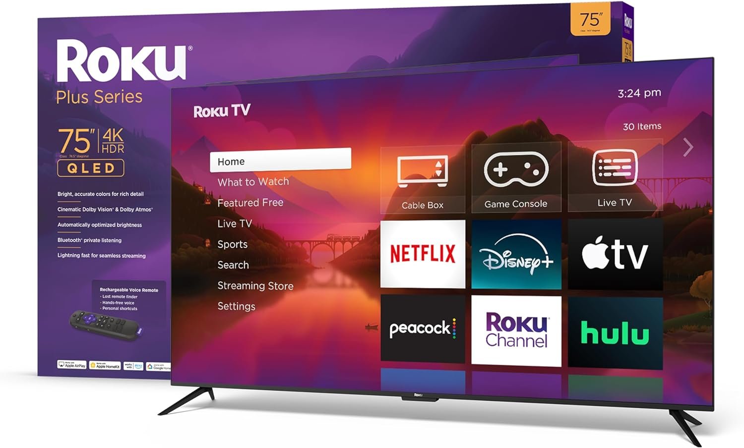 Roku 75" Plus Series 4K Dolby Vision HDR10+ QLED Smart RokuTV with Voice Remote Pro, Striking 4K Resolution, Automatic Brightness, Dolby Vision and HDR10+