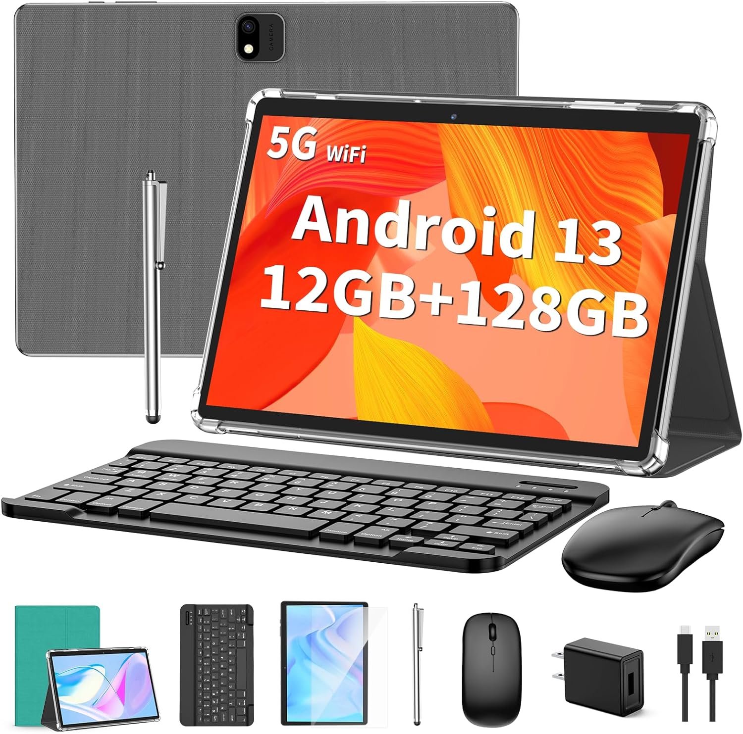 Android Tablet with Keyboard, Android 13 Tablet, 12GB+128GB, 1TB Expand, 2 in 1 Tablet, 10 inch Tablet with Case, Mouse, Stylus, 8000mAh Battery, 2.4G/5G WiFi, GPS, Certified Tablet PC, Green