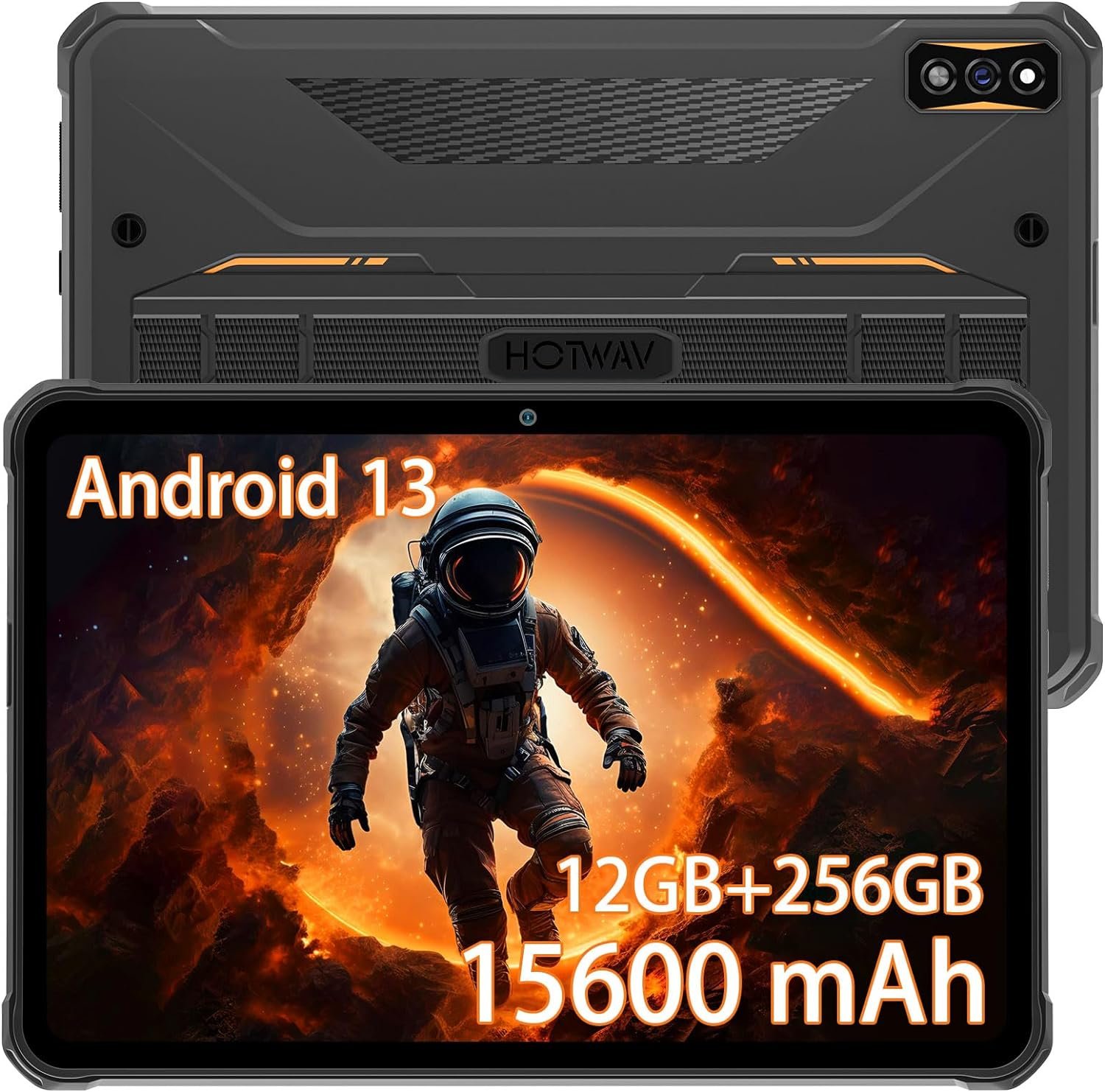 HOTWAV R7 Rugged Tablet Android 13, 15600mAh 10.1 Inch HD+ 12GB+256GB/(2TB TF) Waterproof Tablet PC, 16MP+16MP Camera Octa-Core IP68&IP69K/Dual SIM 4G/5G WiFi/Face ID/GPS/OTG/Widevine L1 (Orange)