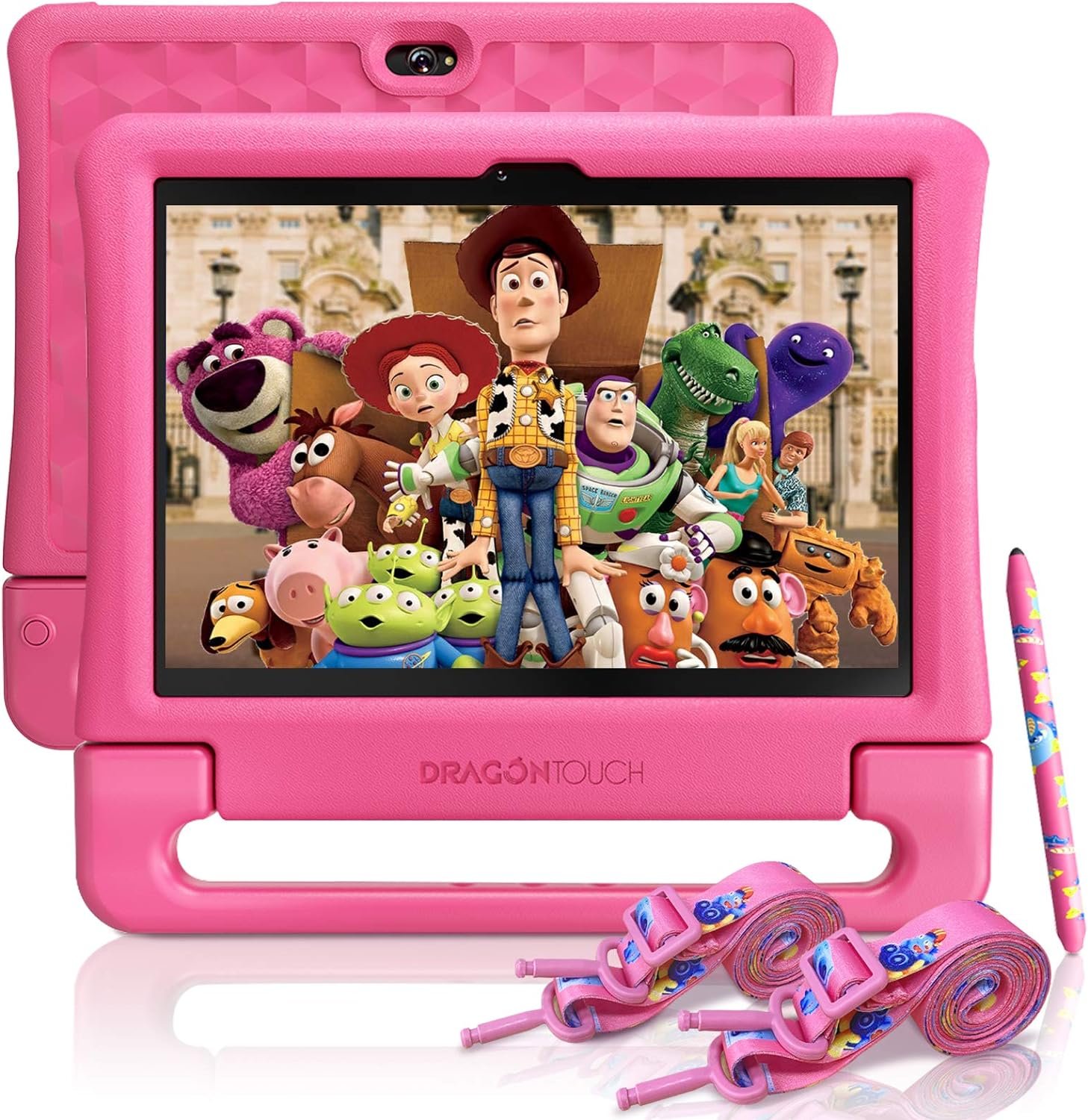 Dragon Touch Kids Tablet 10 inch IPS HD Display Android Tablets with 32GB Storage, 2GB RAM, Quad Core Processor, KIDOZ Pre-Installed, Kid-Proof Case, Shoulder Strap and Stylus, WiFi Only – Pink