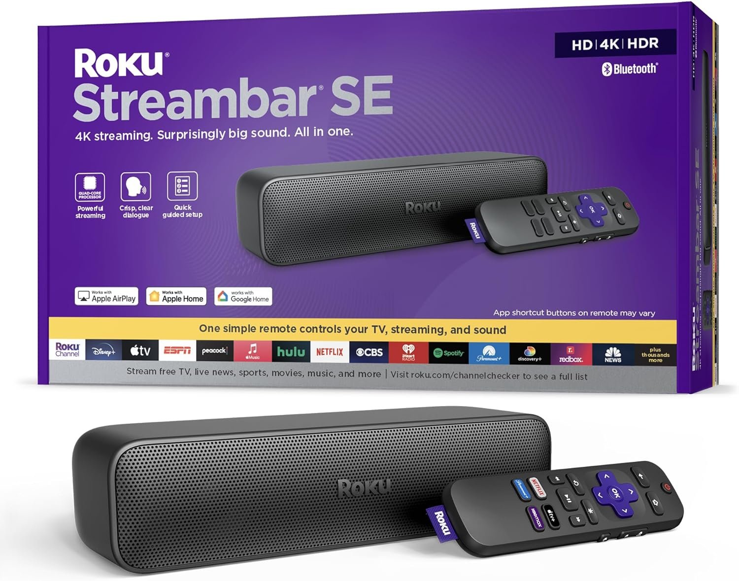 Roku Streambar SE | 2-in-1 TV Soundbar with Built-in 4K/HD/HDR Streaming, Premium Speakers, & Enhanced Speech Clarity for Crisp, Clear Dialogue - Quick Guided Simple Setup