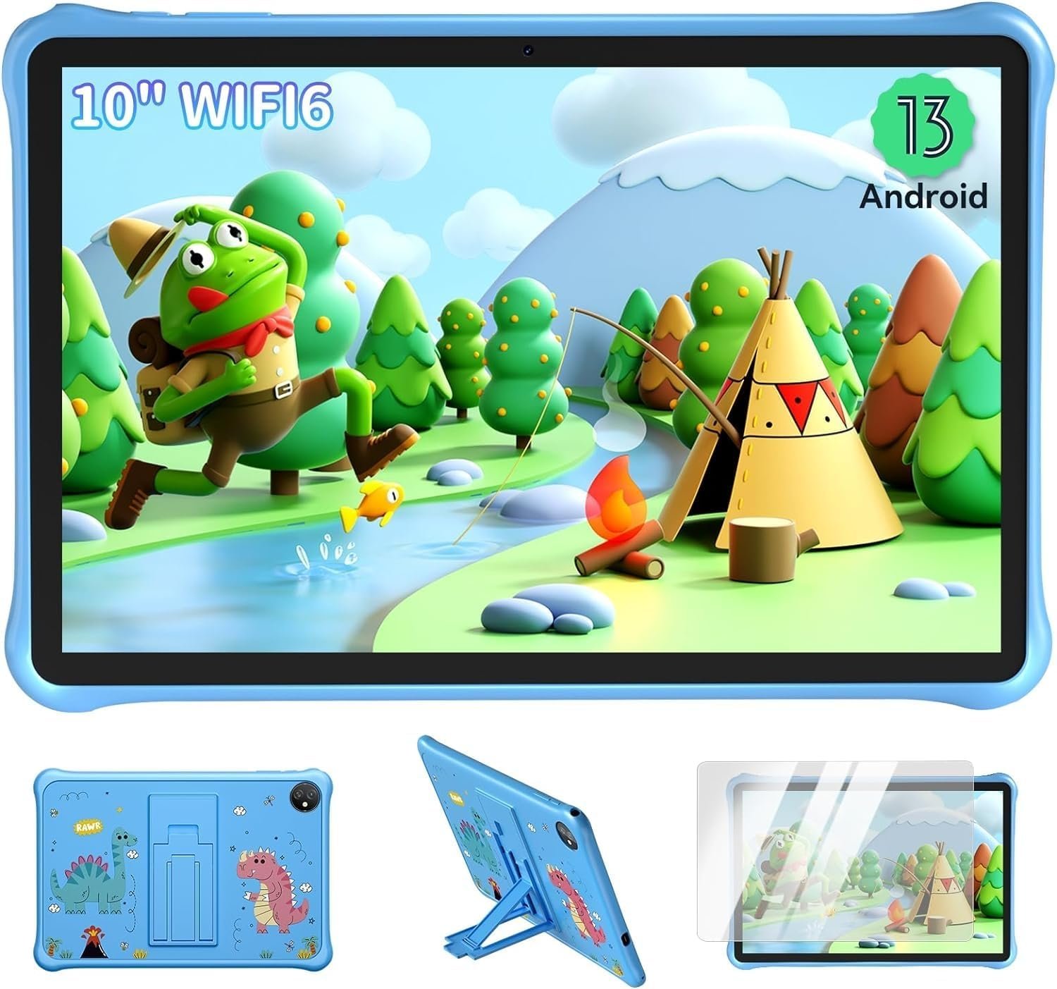 2024 Tablet 10 inch Android 13 Kids Tablets with Quad-Core, 6GB RAM 64GB ROM, iKids Play App, 5100mAh Battery/Drop-Proof Case, TF 2TB, HD IPS Display, WiFi6 Model, Bluetooth 5.2, Split Screen- Blue