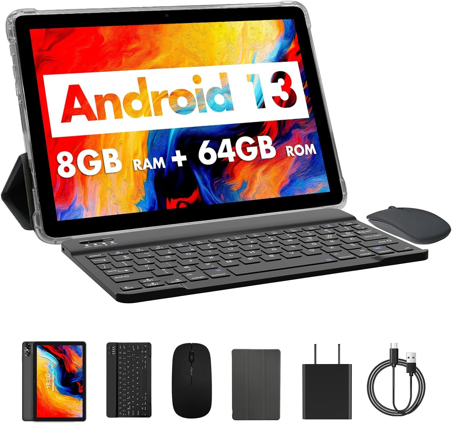 PRITOM 10’‘ Tablet Android 13, Octa-Core, WIFI6, 2 in 1 Tablet 64GB with Keyboard, a Customized Case, Charger & Mouse, BT, Dual Camera, HD IPS Display