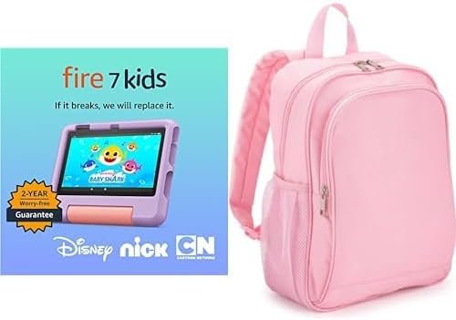 Amazon Fire 7 Kids Tablet (16 GB, Purple) + Backpack (Pink)