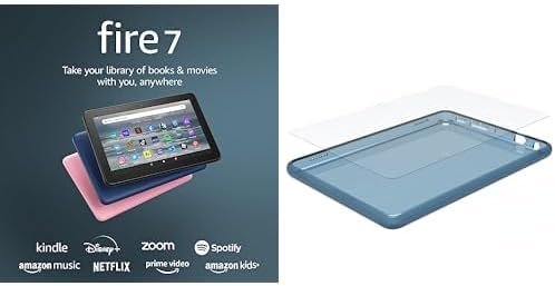Fire 7 tablet (16 GB, Denim, Ad-Supported) + Made for Amazon Clear Case (Blue)