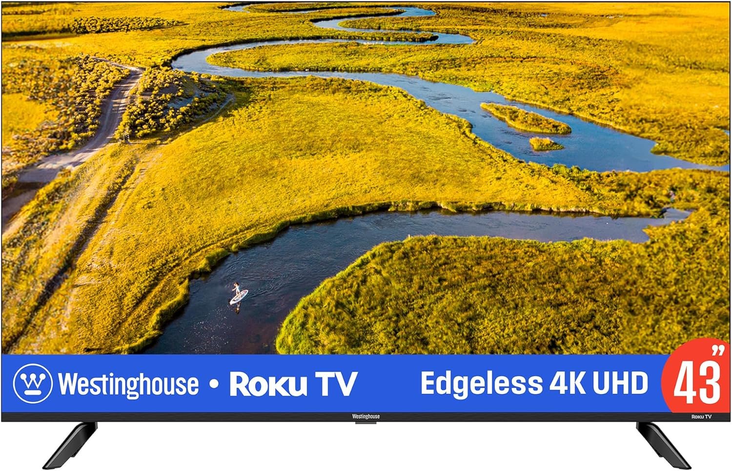 Westinghouse Edgeless Roku TV - 43 Inch Smart TV, 4K LED UHD TV w/HDR 10, Wi-Fi & Mobile App Connectivity, Flat Screen TV Compatible w/Apple Home Kit, Alexa, & Google Assistant