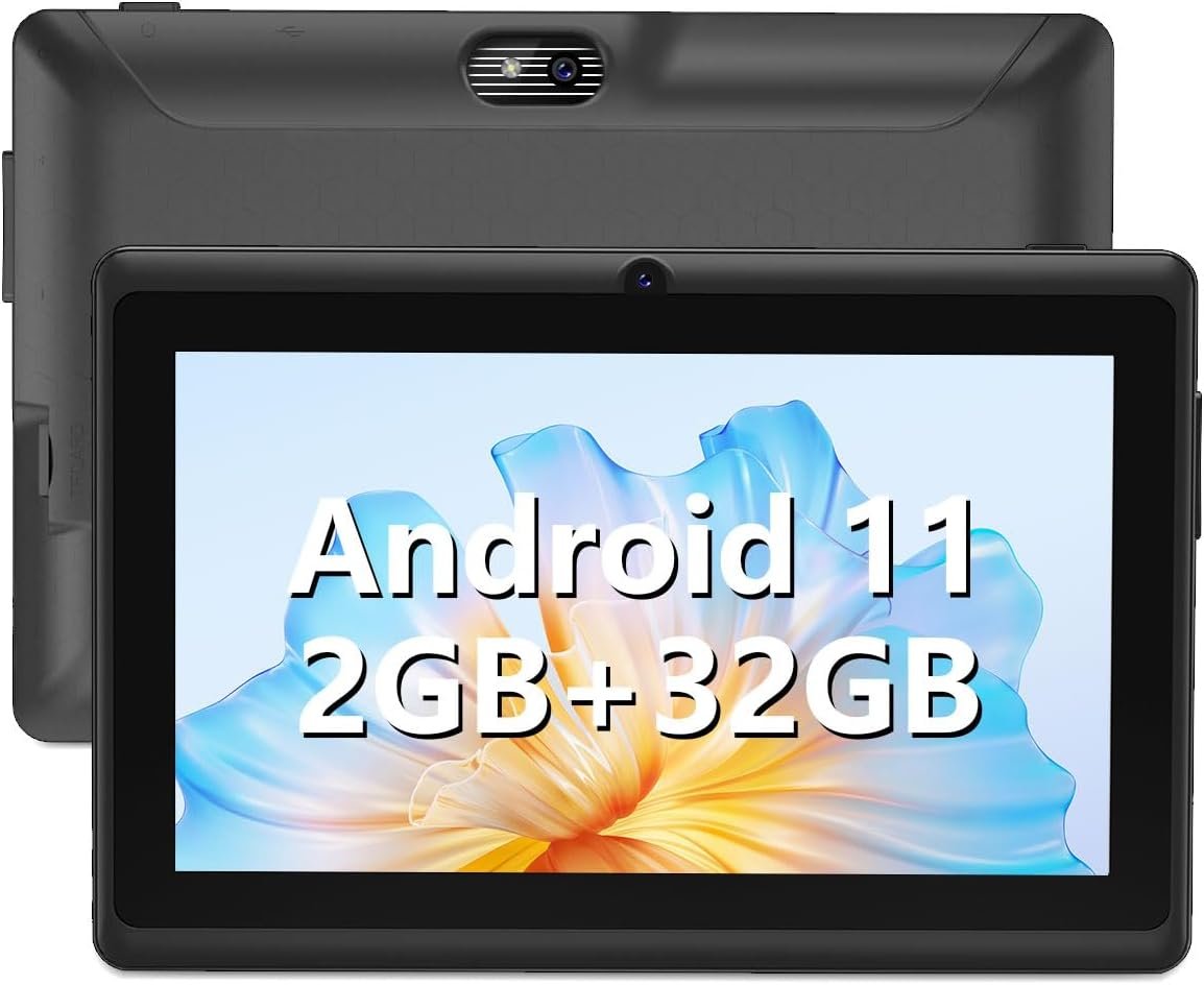 Android 11 Tablet, 2+4GB RAM 32GB ROM, Quad-Core Processor, Dual Camera, WiFi, 3.5mm Earphone Jack, FM Bluetooth, 128GB Expand, GMS Certified Tablet - Black