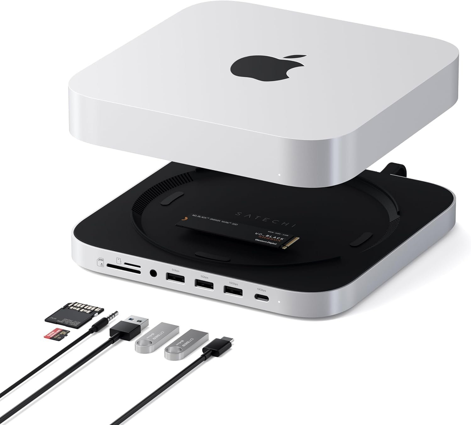 Satechi Mac Mini Hub & Stand with SSD Enclosure for NVME/SATA M.2, Mac Mini Dock with USB C 10Gbps, 3 USB A 5/10Gbps, 2.0 Audio Jack, for Mac Mini M2 /M1, Mac Studio - Silver