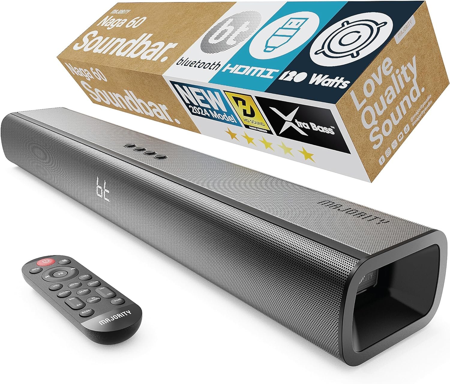 Majority Bluetooth 120W TV Soundbar, 2.1 Channel, 3D Surround Sound with Built-in Subwoofer | EQ Control, HDMI Arc, Optical, AUX, and Remote Control, Wall Mountable Naga 60