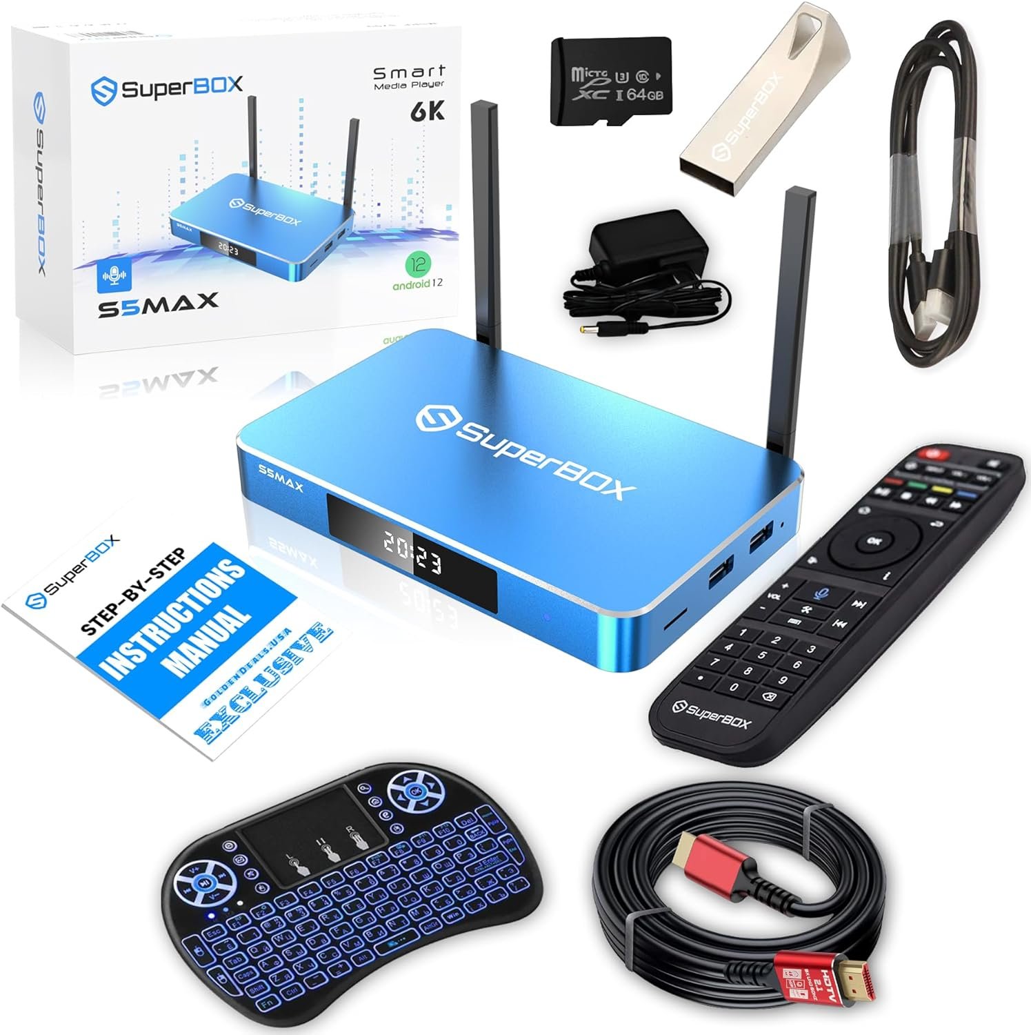 (Latest) 2024 S5 MAX Bundle TV Box: 8K HDMI Cable, 64GB Card, 64GB USB, Backlit Keyboard, Voice Remote, (Easy Setup Guide by Seller, CA Support), Android 12, Quad Core, 4GB RAM, 64GB Storage