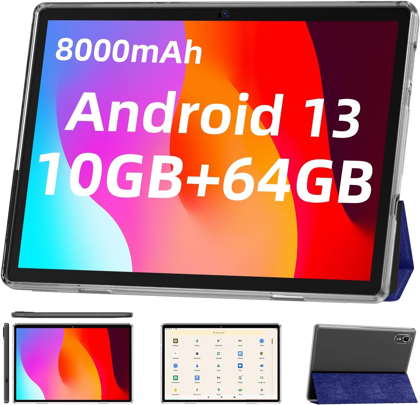 Android 13 Tablets, 10inch Tablet with Case, 10GB+64GB+512GB Expand,8000mAh Large Battery, Dual Stereo Speakers, WiFi, Bluetooth, Quad-core Processor, HD Touchscreen Display, Tableta Tab PC