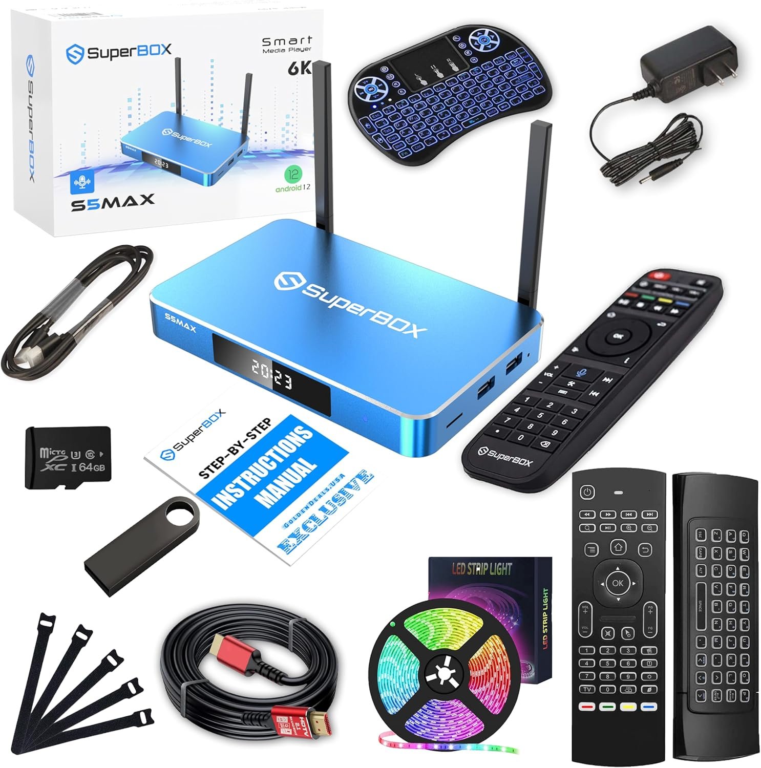 (Latest) 2024 S5 MAX Bundle TV Box: 8K HDMI Cable, USB, 64GB TF Card, Backlit Keyboard, LED Strip Light, Air Mouse, Cable Ties (Easy Setup Guide by Seller, CA Support), Android 12,4GB RAM,64GB Storage