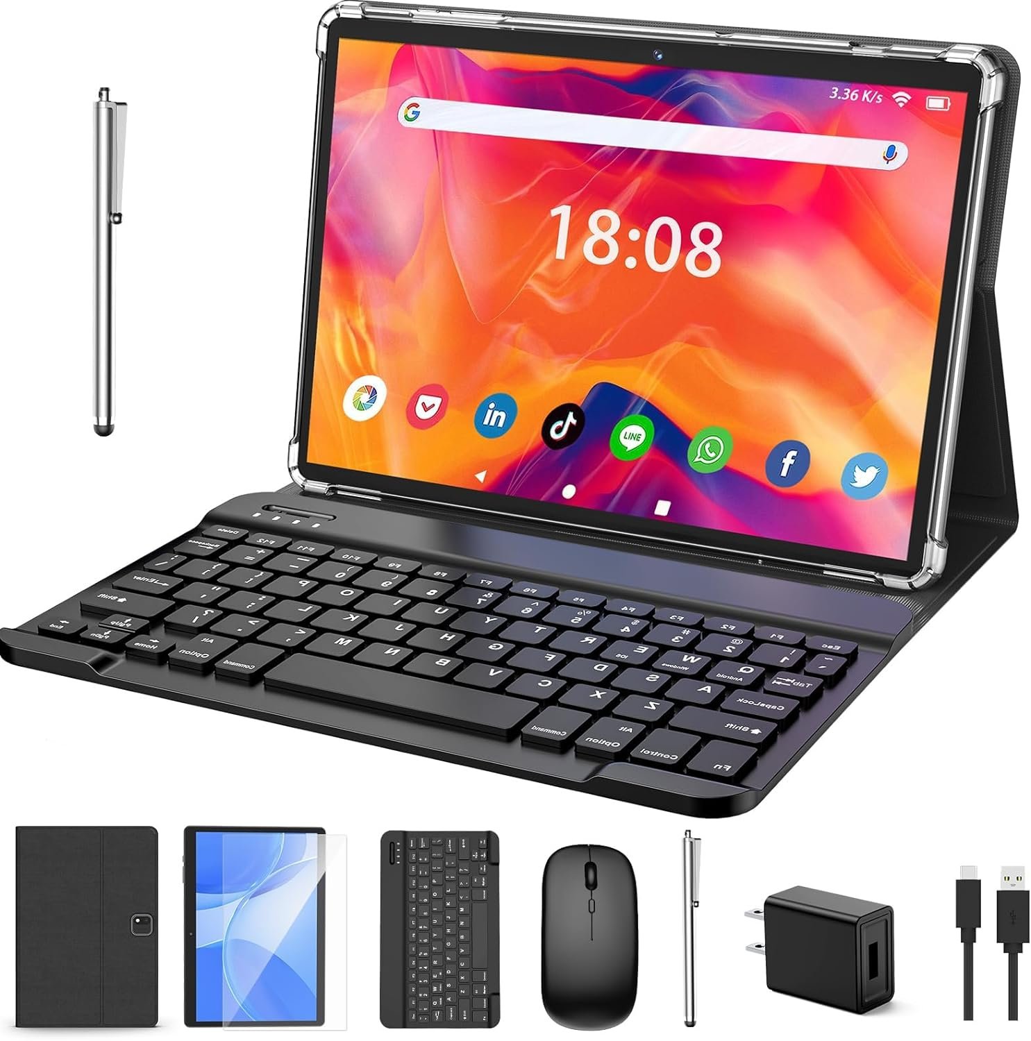 Android Tablet, 2 in 1 Tablet with Keyboard, 10 inch Android 13 Tablet, 6GB+128GB, 1TB Expand, Tablet with Case, Mouse, Stylus, 8000mAh Battery, 2.4G/5G WiFi, GPS, Certified Tablet PC