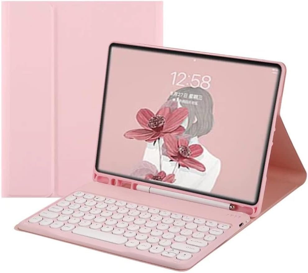 for Kindle Fire HD 10/10 Plus Tablet (13th/11th Generation, 2023/2021 Release) 10.1", Detachable Round Keys Keyboard Case with Pencil Holder ，Pink