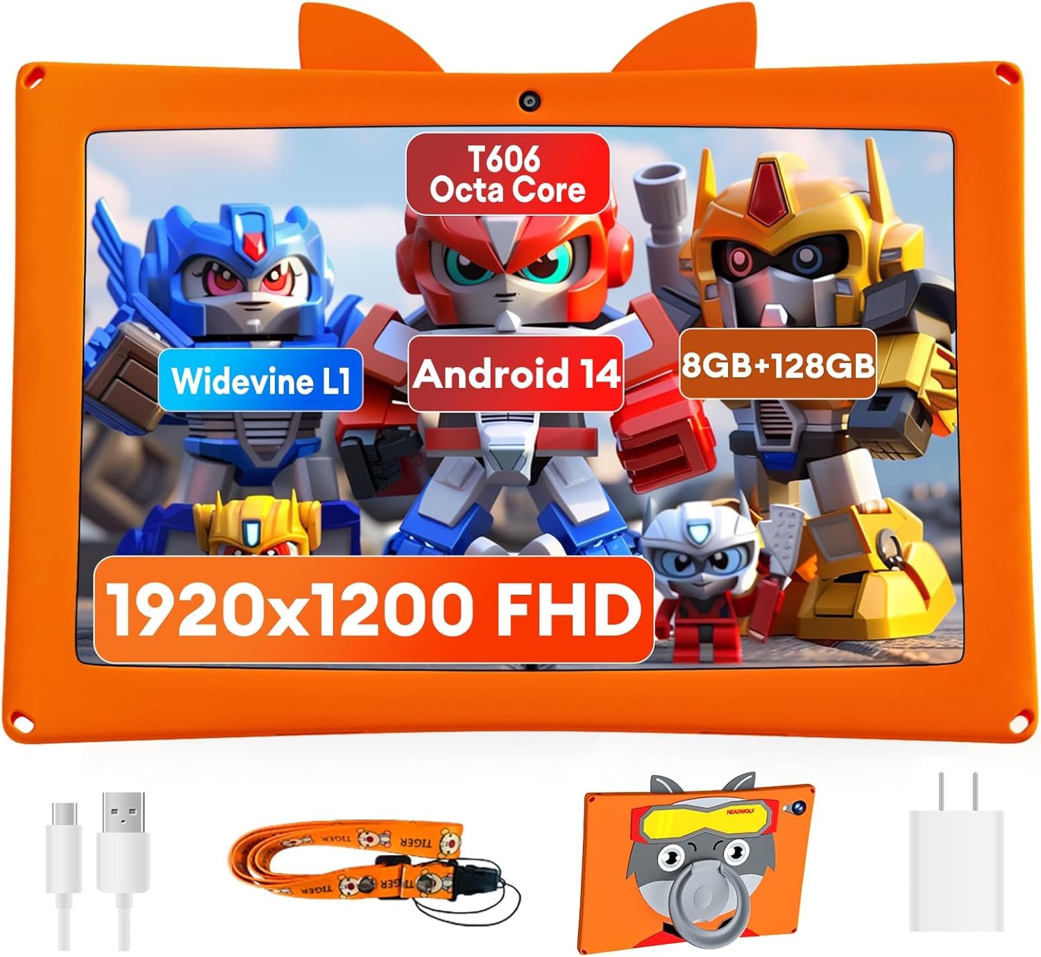 Headwolf Kids Tablet 10 inch, FHD 1920 * 1200 Display Android Tablet for Kids, Octa Core 8GB RAM + 128GB ROM Android 14 Toddler Tablet with Case, Widevine L1, Parental Control