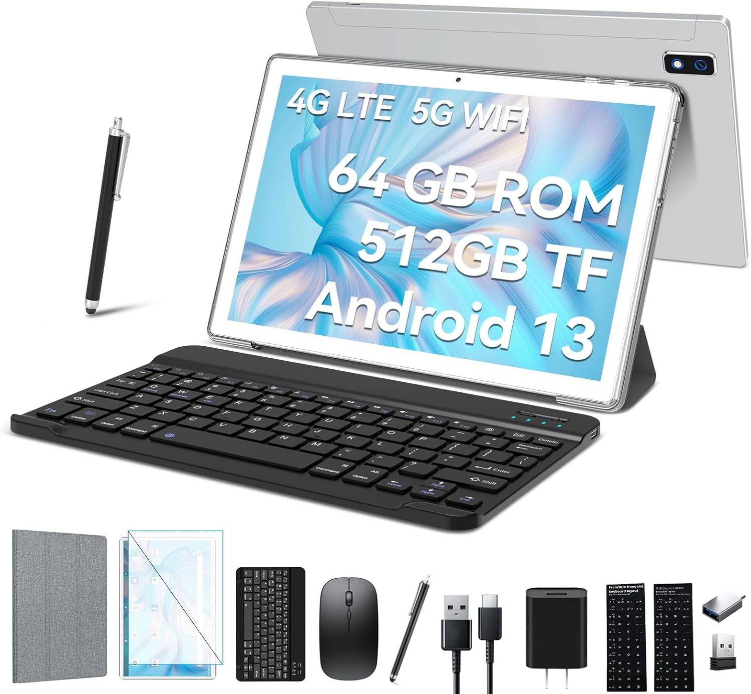 Newest 2024 Android 13 Tablet 10.1 Inch, Dual 4G Cellular Tablets with 64GB ROM+512GB Expandable, 3 In 1 Tablet with keyboard Mouse Pen-13MP Dual Camera,1080 FHD,Octa-Core,GPS/WIFI/Bluetooth(Silvery)