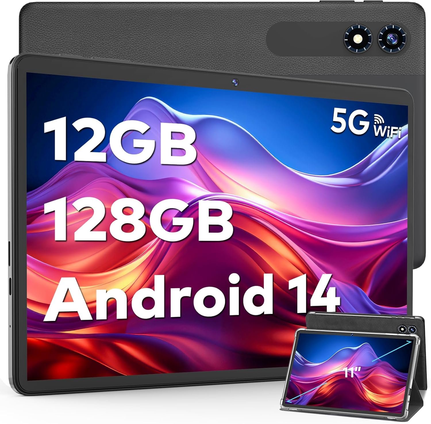 Android Tablet, 11 inch Android 14 Tablet, 12GB RAM +128GB ROM, 1TB Expand, Octa-Core, 5G WiFi, 5MP+13MP, IPS Touch Screen, 8000 mAh Battery, Bluetooth V5.0, GMS Certified, GPS(Black)