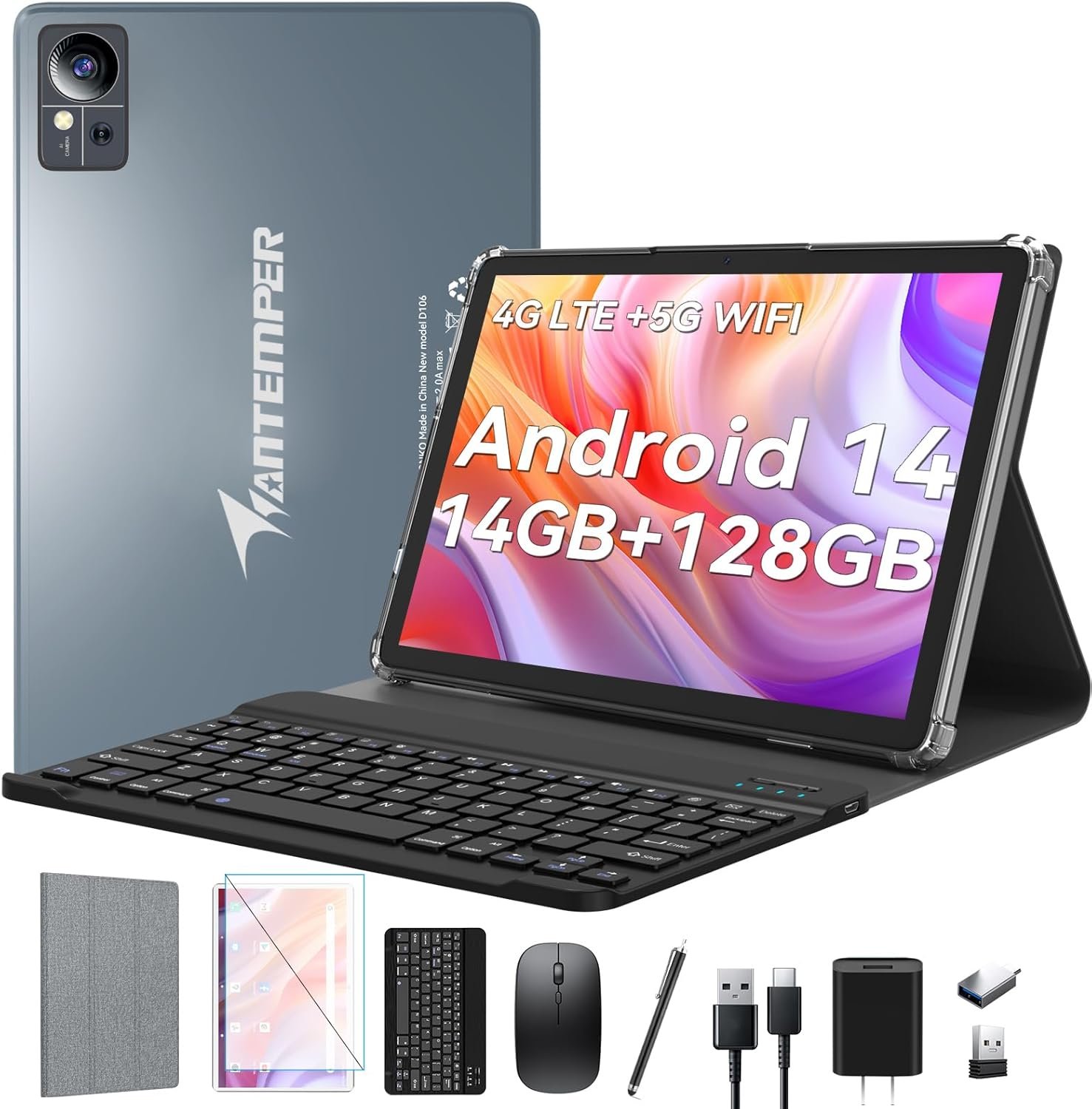 2024 Newest Android 14 Tablet 10 inch,4G Cellular Tablets with 2 SIM 1 SD slot,5G Wifi Android Tablet 128GB ROM +14GB RAM(1TBTF),3-in-1 Tablet with Keyboard-8000mAh,Octa-core,1080FHD,13MP+8MP,GPS-Gray