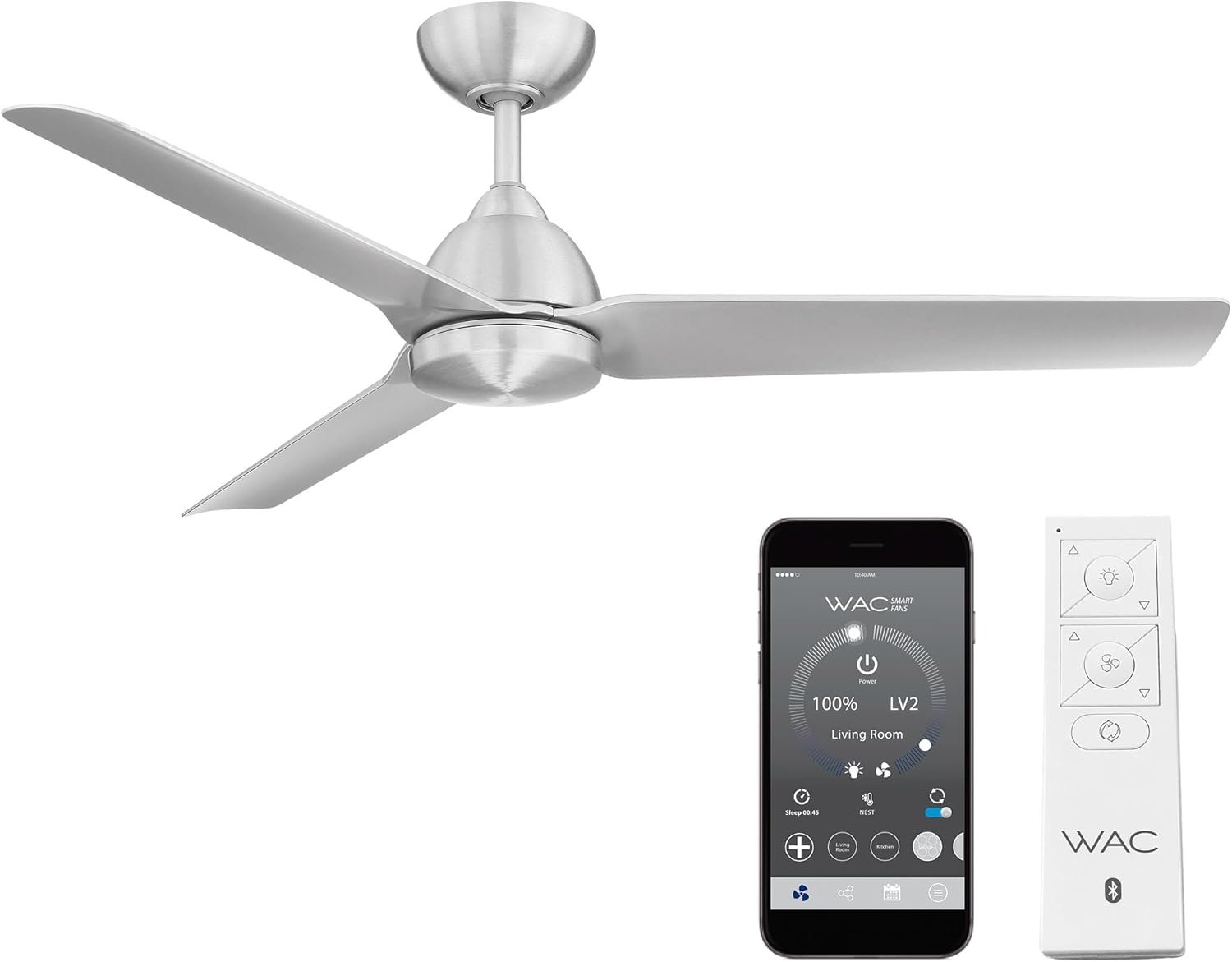 Mocha Indoor/Outdoor 3-Blade Smart Compatible Ceiling Fan 54in Brushed Aluminum with Remote Control and Wall Cradle. Works with iOS/Android, Alexa, Google Assistant, Samsung SmartThings, and Ecobee.