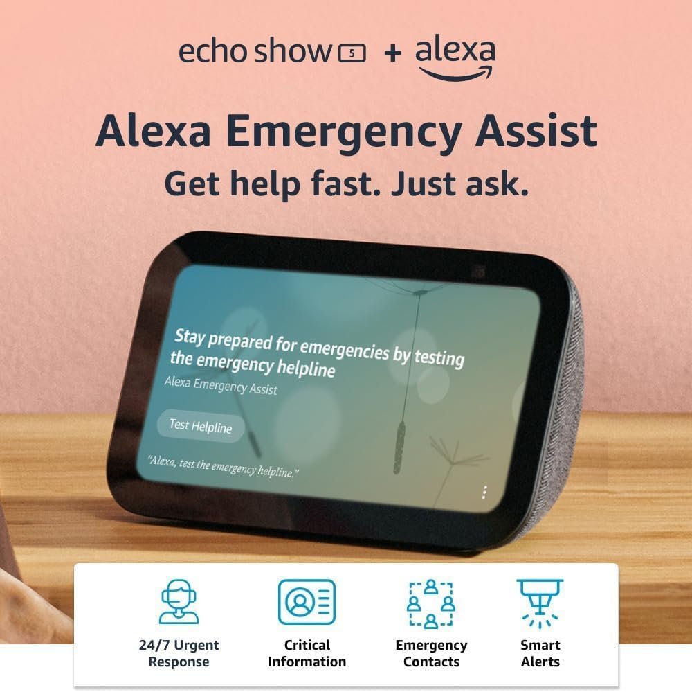 Echo Show 5 (newest model), Charcoal, bundle with Alexa Emergency Assist (monthly auto-renewal subscription)