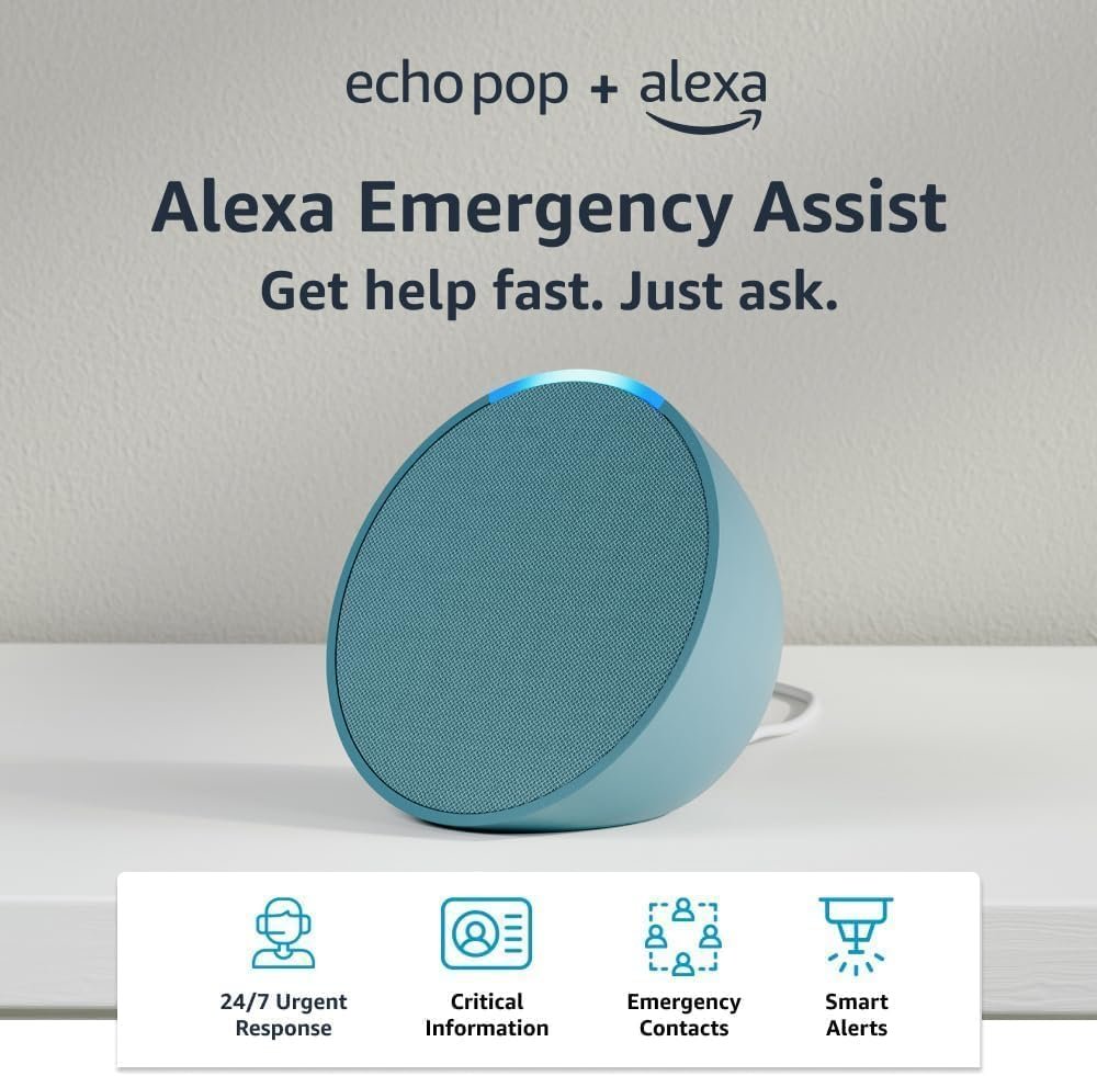 Echo Pop (newest model), Midnight Teal, bundle with Alexa Emergency Assist (monthly auto-renewal subscription)