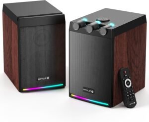 SWTOIPIG 100W Bluetooth Bookshelf Speakers | Wood Grain RGB
