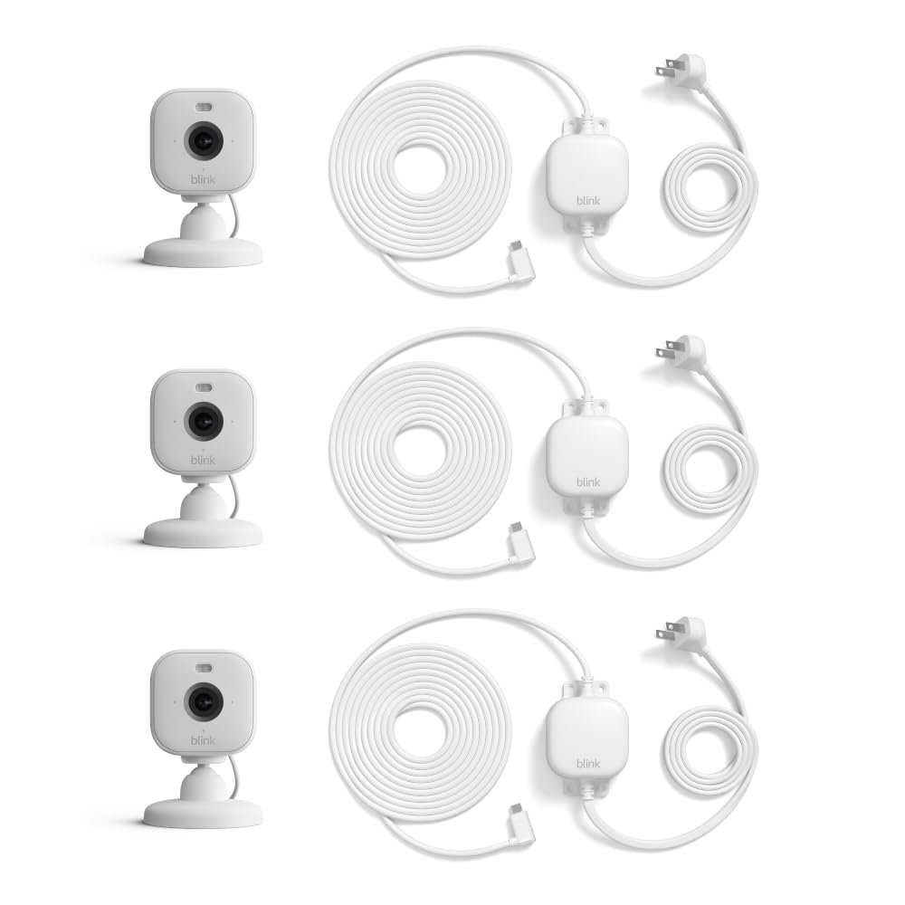 Blink Mini 2 (Newest Model) + Weather Resistant Adapter — Indoor/Outdoor Home Security & Pet Camera(s) with HD video, motion detection, and built-in spotlight — 3 cameras (White)